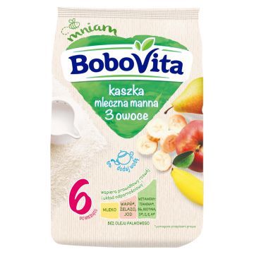 BoboVita, mleczna kaszka manna, 3 owoce, 6m+, 230 g