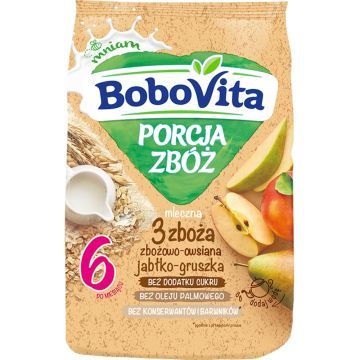 BoboVita Porcja Zbóż, kaszka mleczna 3 zboża, jabłko-gruszka, 6 m+, 210 g