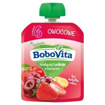 BoboVita, truskawki i wiśnie z bananem, mus, 6 m+, 80 g