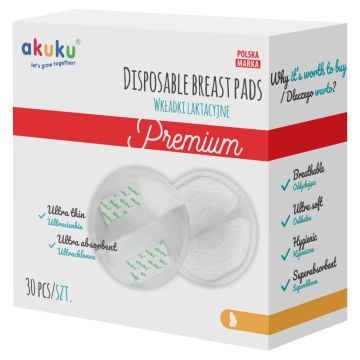 Akuku, wkładki laktacyjne Premium, ultracienkie, 30 szt