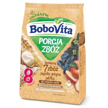 BoboVita Porcja Zbóż kaszka bezmleczna-7zbóż, jagoda, jeżyna, jabłko, 8 m+, 170 g