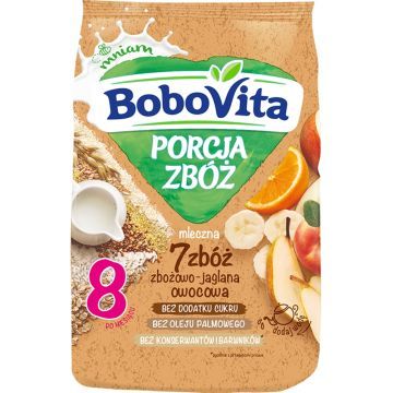 BoboVita Porcja Zbóż, kaszka mleczna 7 zbóż, zbożowo-jaglana, owocowa, 8 m+, 210 g