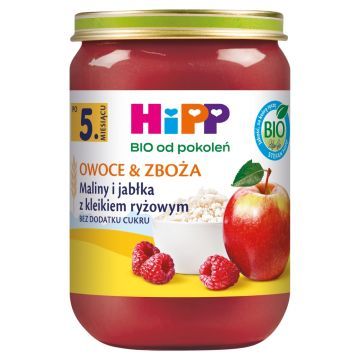 Hipp, maliny i jablka z kleikiem ryzowym,BIO, 190 g