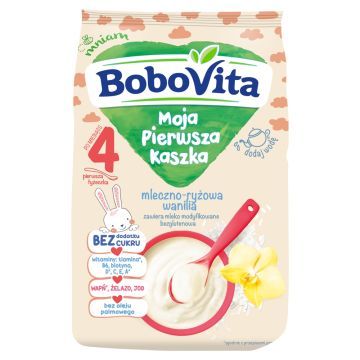 BoboVita Moja Pierwsza Kaszka, mleczno-ryżowa, wanilia, bez dodatku cukru, 4 m+, 230 g