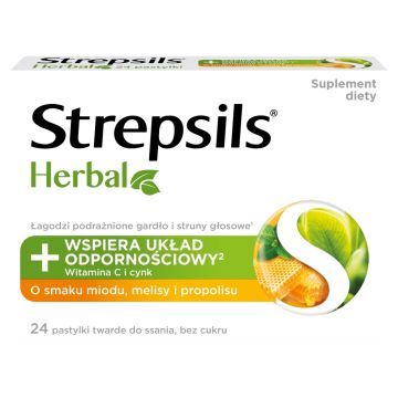 Strepsils Herbal, pastylki do ssania, smak miodu, melisy, propolisu, 24 szt.