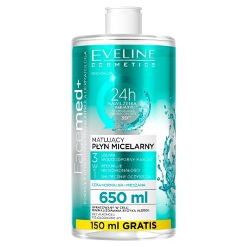 Eveline Facemed+, plyn, micelarny 3w1,matujacy, 650 ml