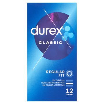 Durex Classic, prezerwatywy ze środkiem nawilżającym, 12 szt.