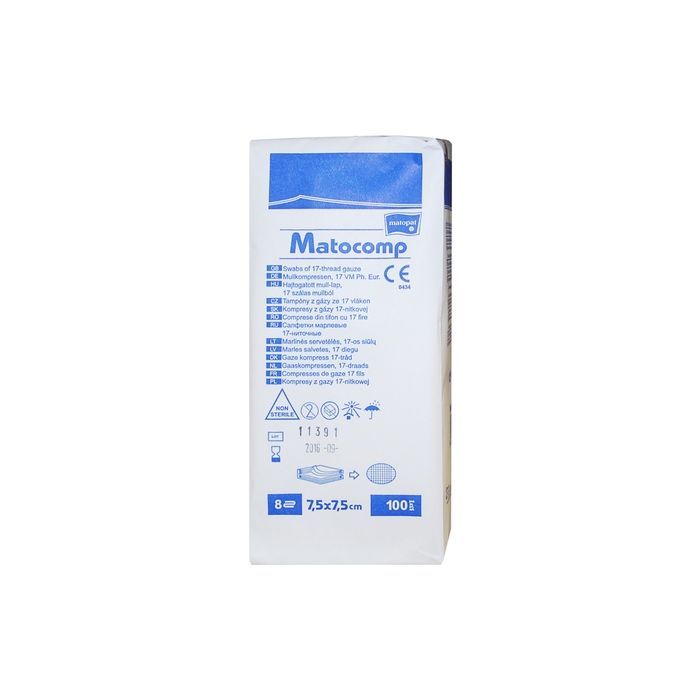 Kompresy gazowe Matocomp, 17-nitkowe, 7,5 x 7,5 cm, 8-warstwowe, 100 szt. main product photo