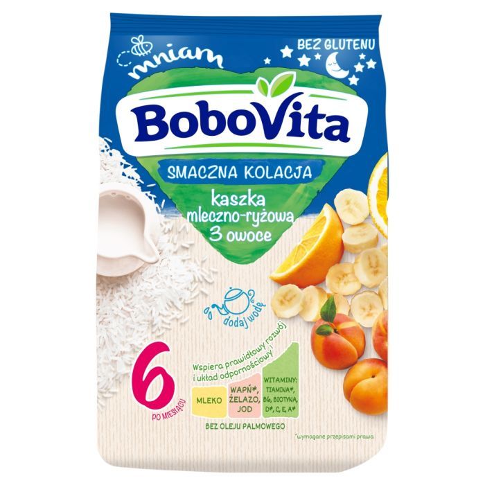 BoboVita, Smaczna Kolacja, kaszka mleczno-ryżowa 3 owoce, 6 m+, 230 g main product photo