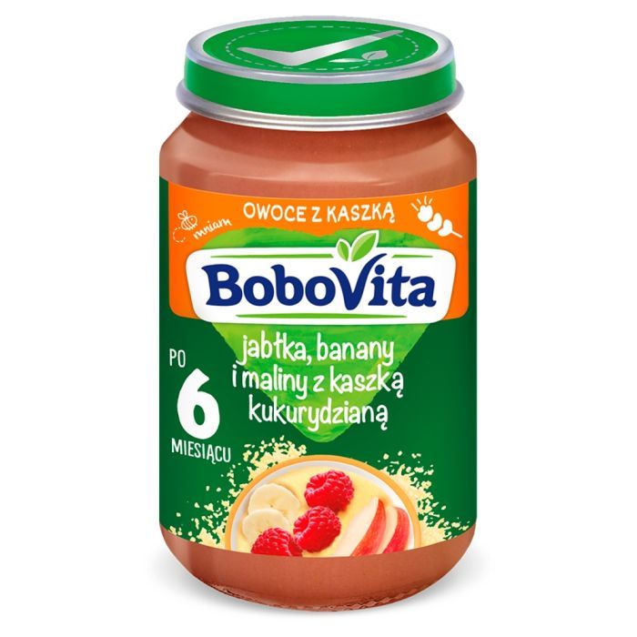 BoboVita, deserek jabłka, banany i maliny z kaszką kukurydzianą, 6m+, 190 g main product photo