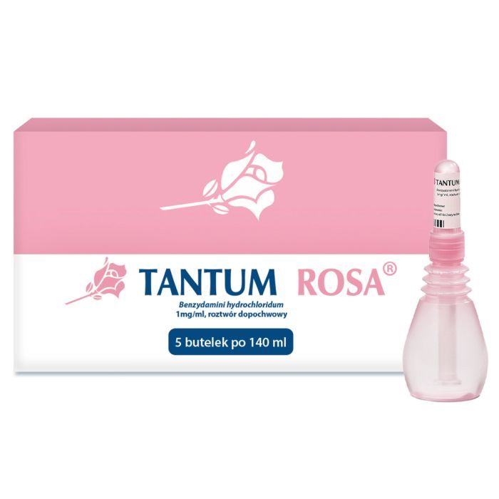 Tantum Rosa, 1 mg/ml, roztwór dopochwowy, 140 ml, 5 butelek main product photo