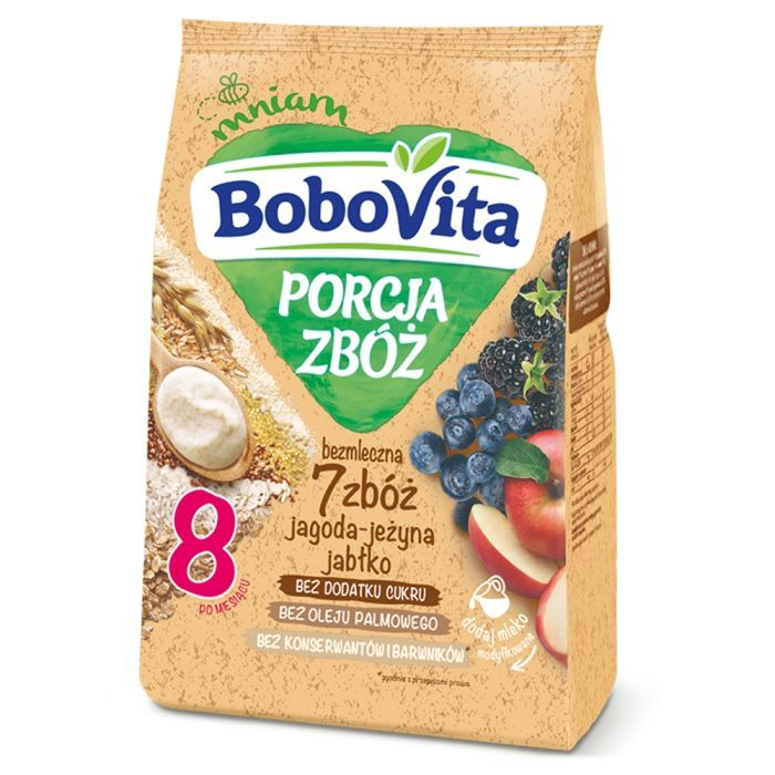 BoboVita Porcja Zbóż kaszka bezmleczna-7zbóż, jagoda, jeżyna, jabłko, 8 m+, 170 g main product photo