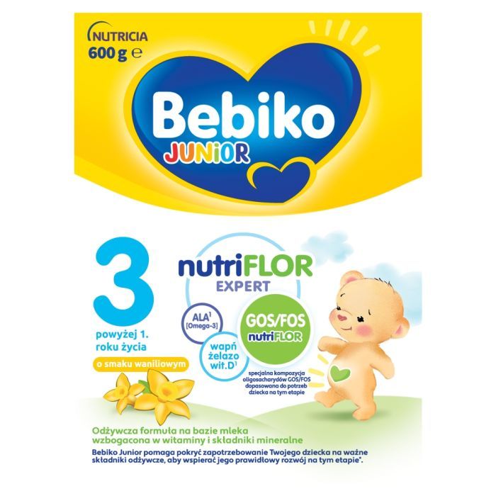 Bebiko Junior 3 NUTRIflor Expert, odżywcza formuła na bazie mleka o smaku waniliowym, powyżej 1. roku życia, proszek, 600 g main product photo
