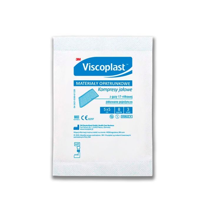 Viscoplast, jałowe kompresy gazowe z gazy bawełnianej, 17-nitkowe, 8 warstw, 5 cm x 5 cm, 3 szt. main product photo