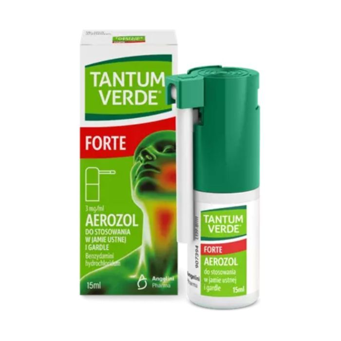 Tantum Verde Forte, 3 mg/ml, aerozol do stosowania w jamie ustnej i gardle, 15 ml main product photo
