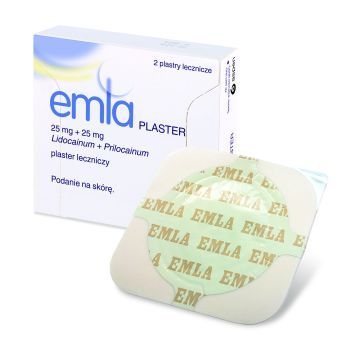 EMLA PLASTER, 25 mg + 25 mg, plaster leczniczy, 2 plastry, zabezpieczone z jednej strony folią aluminiową, w tekturowym pudełku.