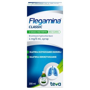 Flegamina, 4 mg/5 ml, syrop o smaku miętowym, bez cukru, 200 ml