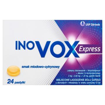 Inovox Express smak miodowo-cytrynowy, 2 mg + 0,6 mg + 1,2 mg, pastylki twarde, 24 sztuki
