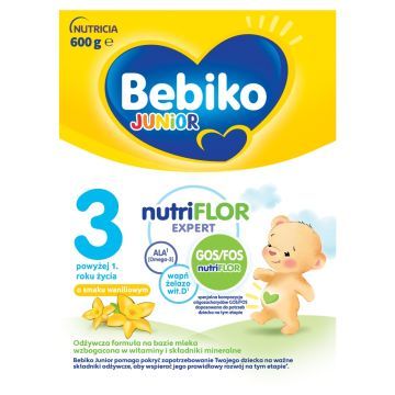 Bebiko Junior 3 NUTRIflor Expert, odżywcza formuła na bazie mleka o smaku waniliowym, powyżej 1. roku życia,  proszek, 600 g