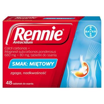 Rennie Antacidum, 680 mg+80 mg, tabletki do ssania, smak miętowy, 48 szt.