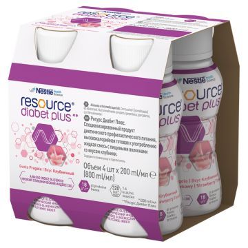 Resource Diabet Plus, dieta kompletna w płynie, smak truskawkowy, 4 x 200 ml