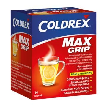 Coldrex MaxGrip (1000 mg +10 mg + 40 mg)/ saszetkę, proszek do sporządzania roztworu doustnego, 14 saszetek.