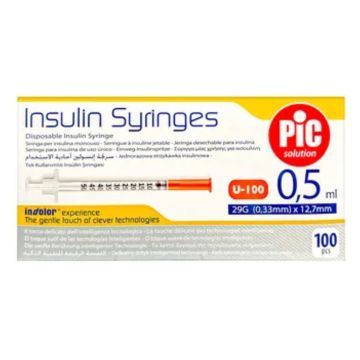 PiC Insulin Syringes, strzykawki insulinowe, jednorazowe, 0,5 ml 29G x 12 mm, 100 szt.